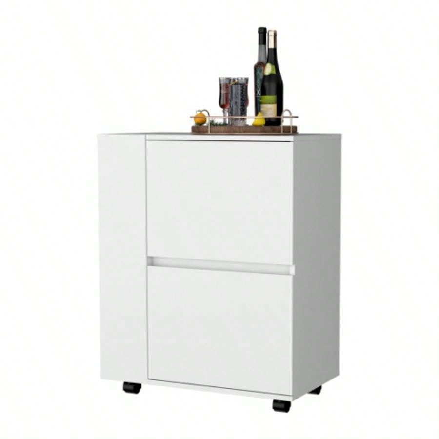FM FURNITURE Logan Bar Cart with Two Cabinets and Open Shelves, White