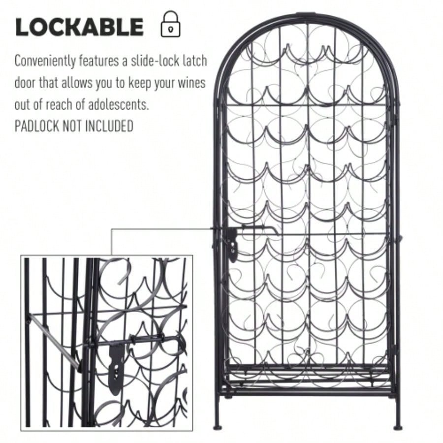 HOMCOM 35 Bottle Wrought Iron Wine Rack Cabinet with Lock - Black