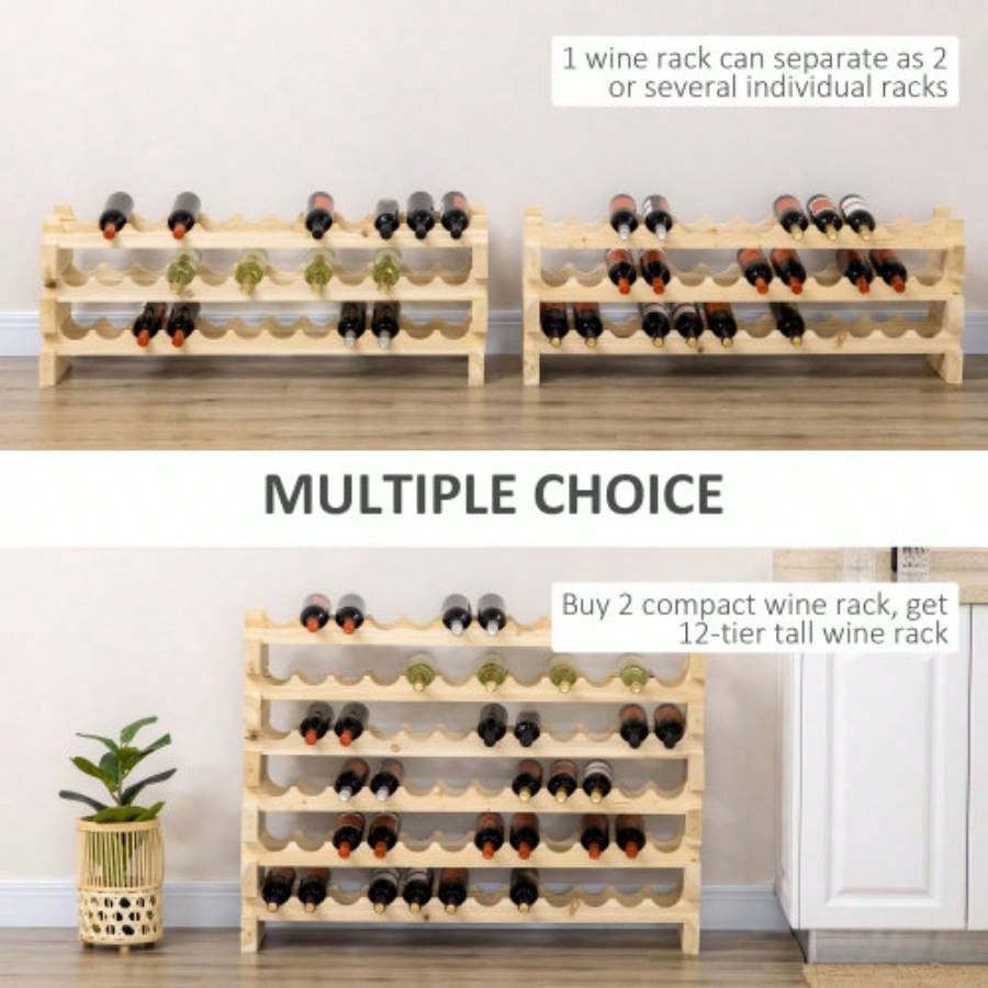 Stackable Wine Rack, Modular Storage Shelves, 72 - Bottle Holder, Freestanding Display Rack Kitchen, Pantry, Cellar, Natural