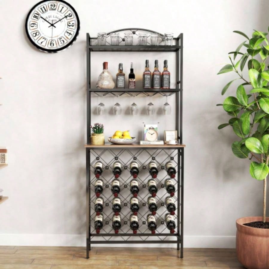 Industrial Wine Rack Bar Table, 3 - Tier Liquor Bottle and Glass Holder with Storage Shelves, Metal and Wood Wine Organizer Home Kitchen, Dining Room, and Living Room