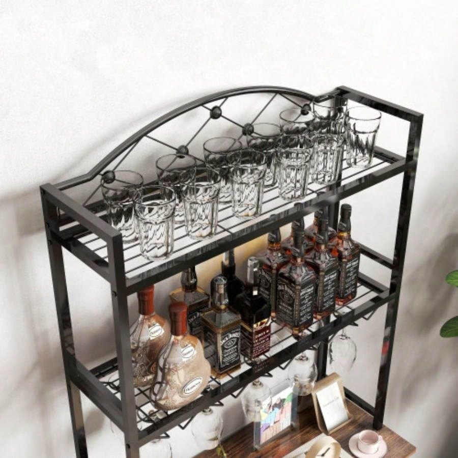 Industrial Wine Rack Bar Table, 3 - Tier Liquor Bottle and Glass Holder with Storage Shelves, Metal and Wood Wine Organizer Home Kitchen, Dining Room, and Living Room