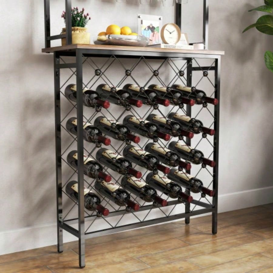 Industrial Wine Rack Bar Table, 3 - Tier Liquor Bottle and Glass Holder with Storage Shelves, Metal and Wood Wine Organizer Home Kitchen, Dining Room, and Living Room