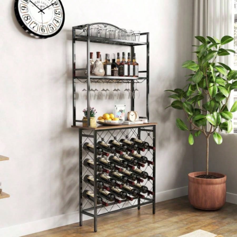 Industrial Wine Rack Bar Table, 3 - Tier Liquor Bottle and Glass Holder with Storage Shelves, Metal and Wood Wine Organizer Home Kitchen, Dining Room, and Living Room