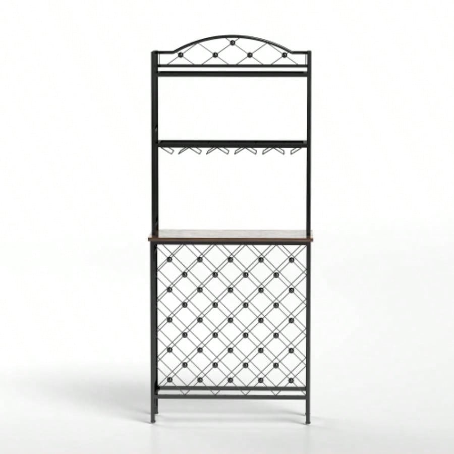 Industrial Wine Rack Bar Table, 3 - Tier Liquor Bottle and Glass Holder with Storage Shelves, Metal and Wood Wine Organizer Home Kitchen, Dining Room, and Living Room