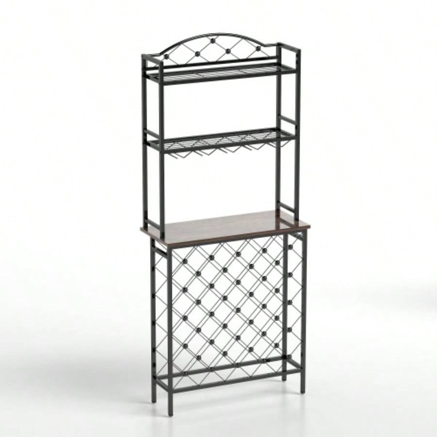 Industrial Wine Rack Bar Table, 3 - Tier Liquor Bottle and Glass Holder with Storage Shelves, Metal and Wood Wine Organizer Home Kitchen, Dining Room, and Living Room