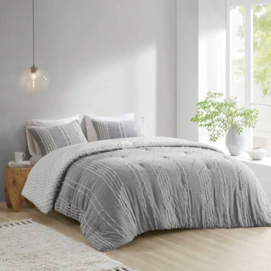 3 Piece Cotton Jacquard Comforter Set Ivory Full/