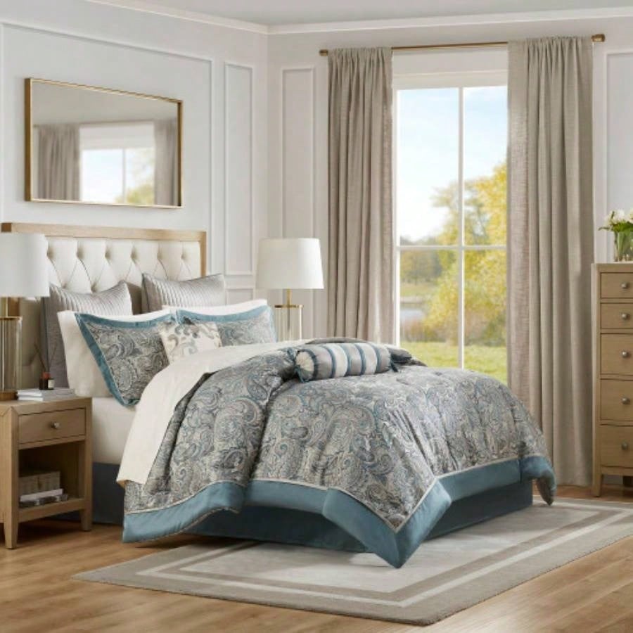 12 Piece Comforter Set with Cotton Bed Sheets Navy Cal King