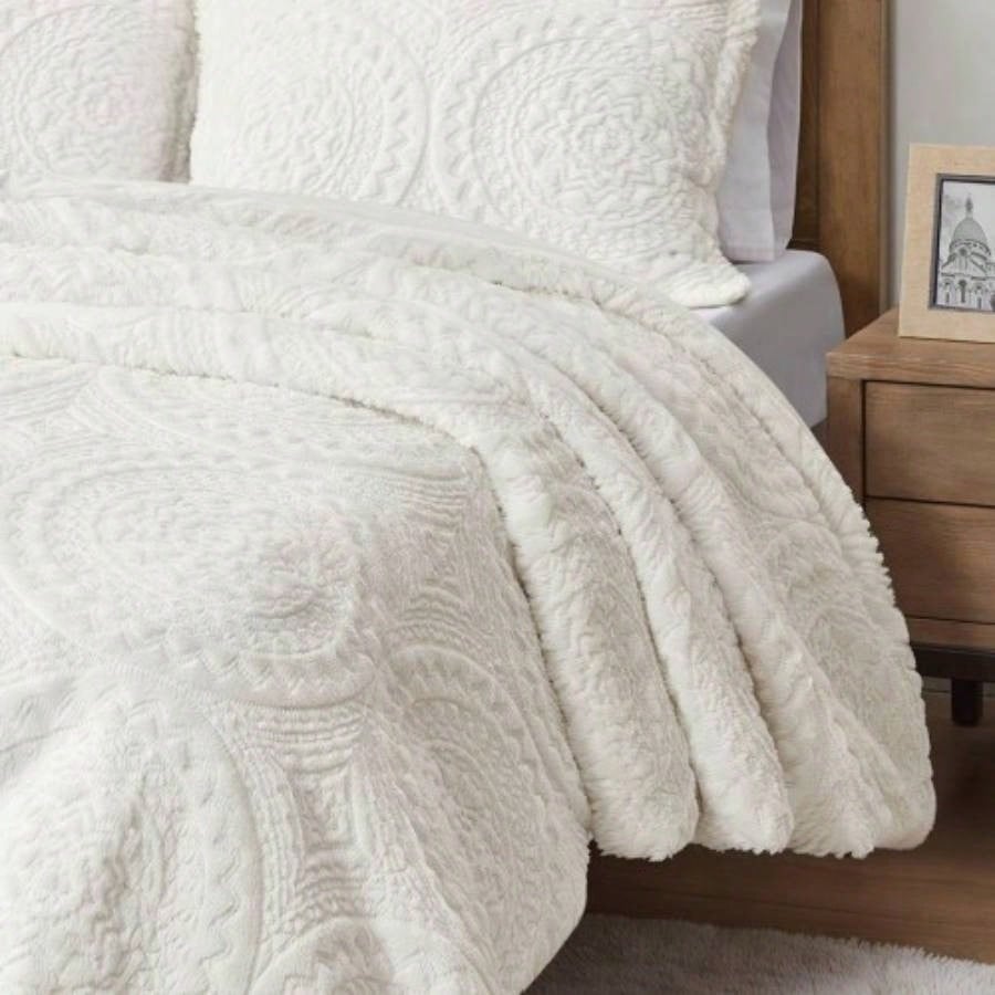 Twin Embroidered Medallion Faux Fur Ultra Plush Comforter Set