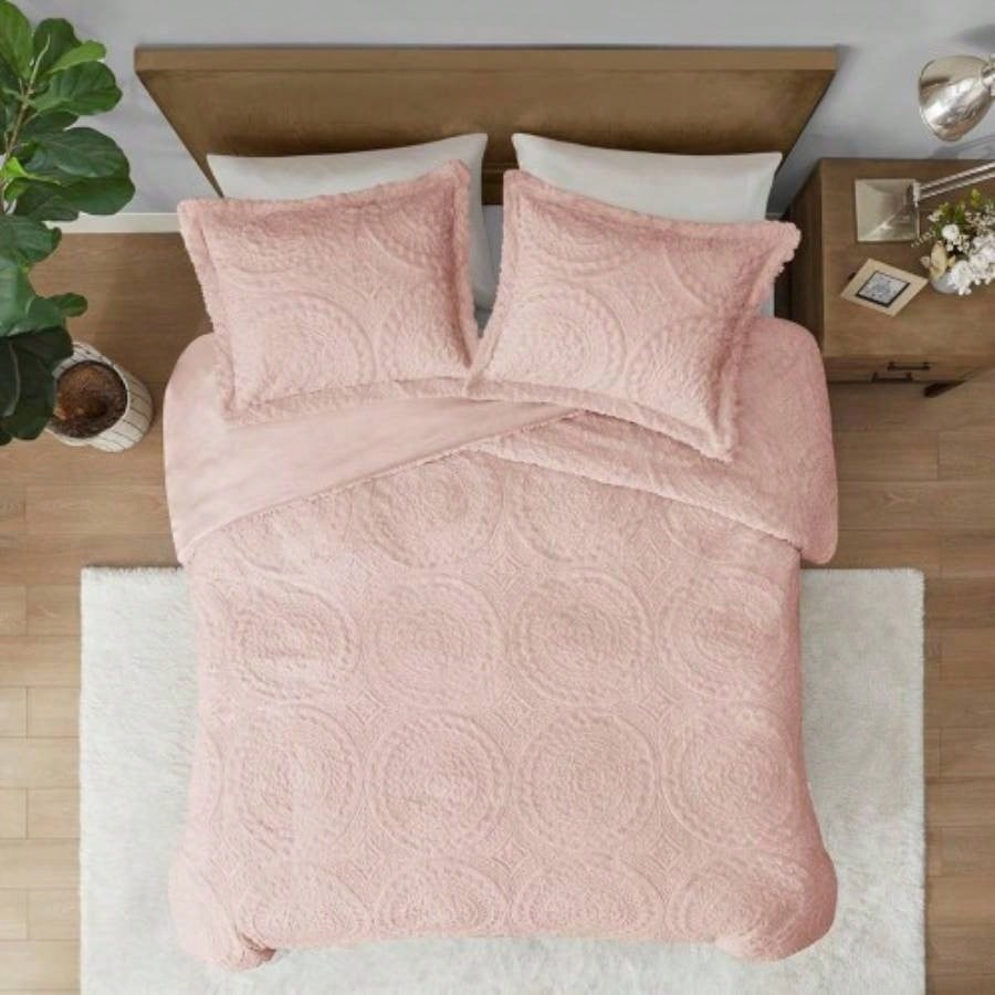 Twin Embroidered Medallion Faux Fur Ultra Plush Comforter Set