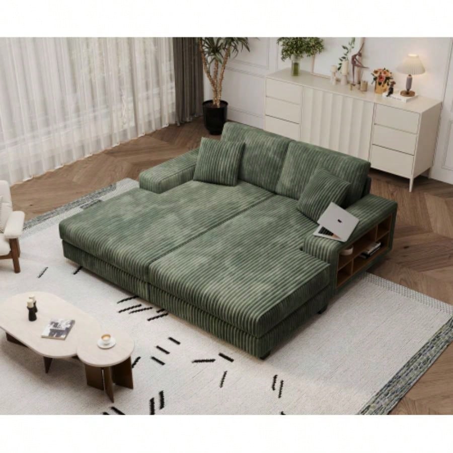 Convertible U - shaped Combination Sofa, Corduroy Fabric, Modern Comfortable Large Size 4 Sofa, Living Room Double Lounge Chair, Green