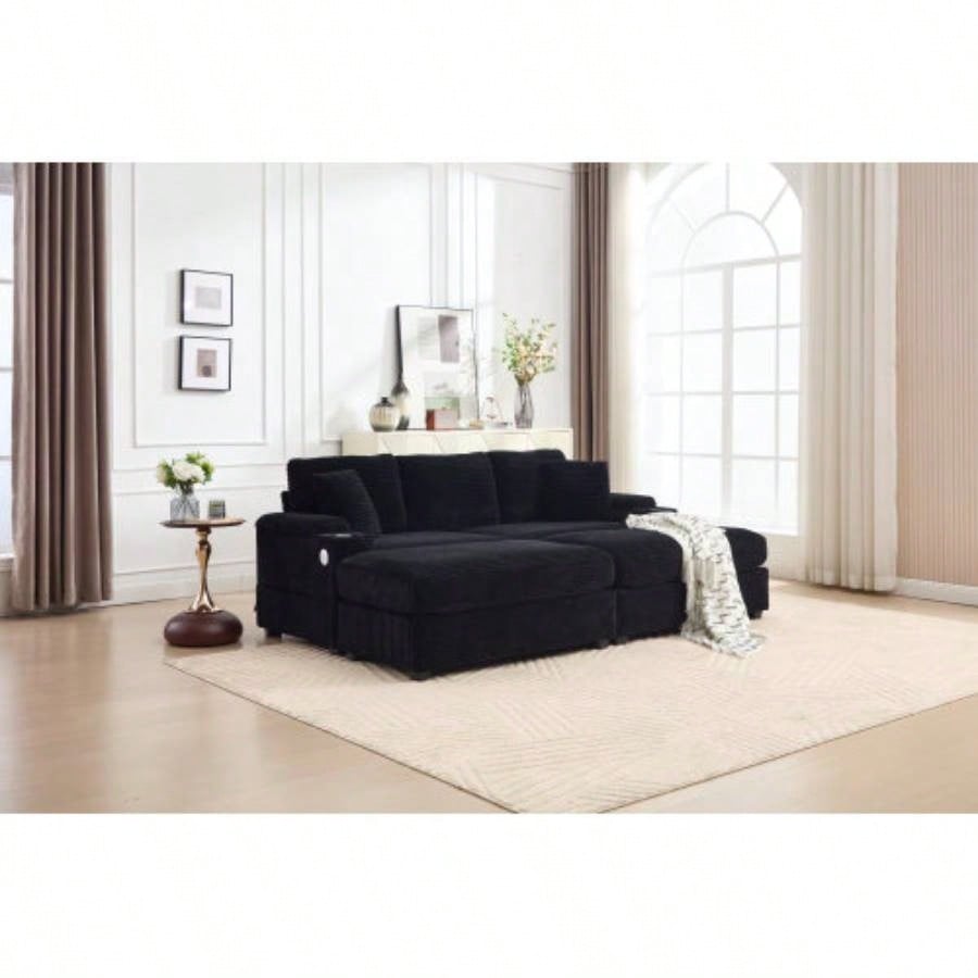 VIDEO/NewCombination Modular Convertible Sectional Sofa Bed Set, Armrest storage, Stainless steel cup holder, USB, Upholstered Sofa, Deep, Living Room, Loft, Apartment, Office, 2 Colors