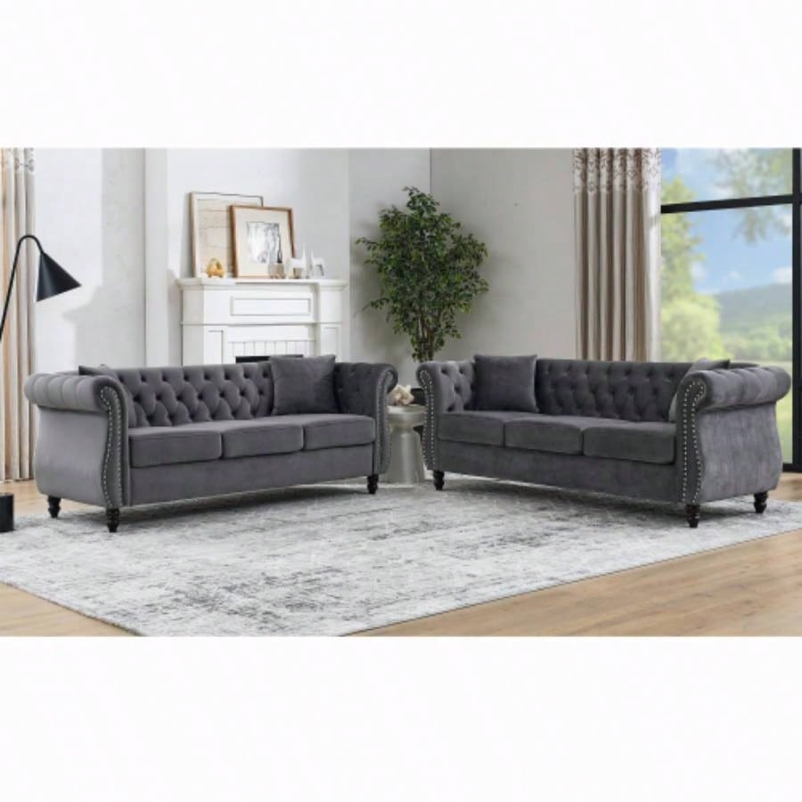 58.8 Chesterfield Sofa Velvet Living Room, 2 Seater Sofa Tufted Couch with Rolled Arms and Nailhead Living Room, Bedroom, Office, Apartment, two pillowsW834S00069