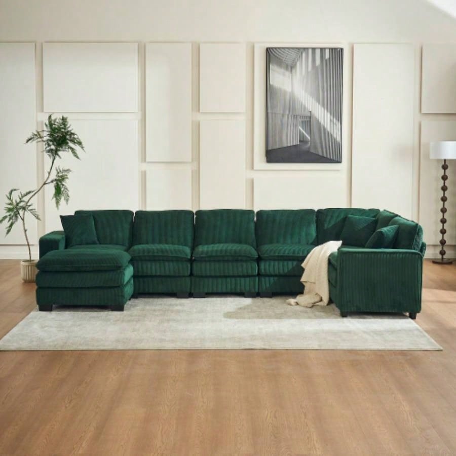 Modern U Shaped 6 - Sectional Sofa Couch with one Ottoman and three toss pillows, Modular Sofa Living Room, Corduroy sofa