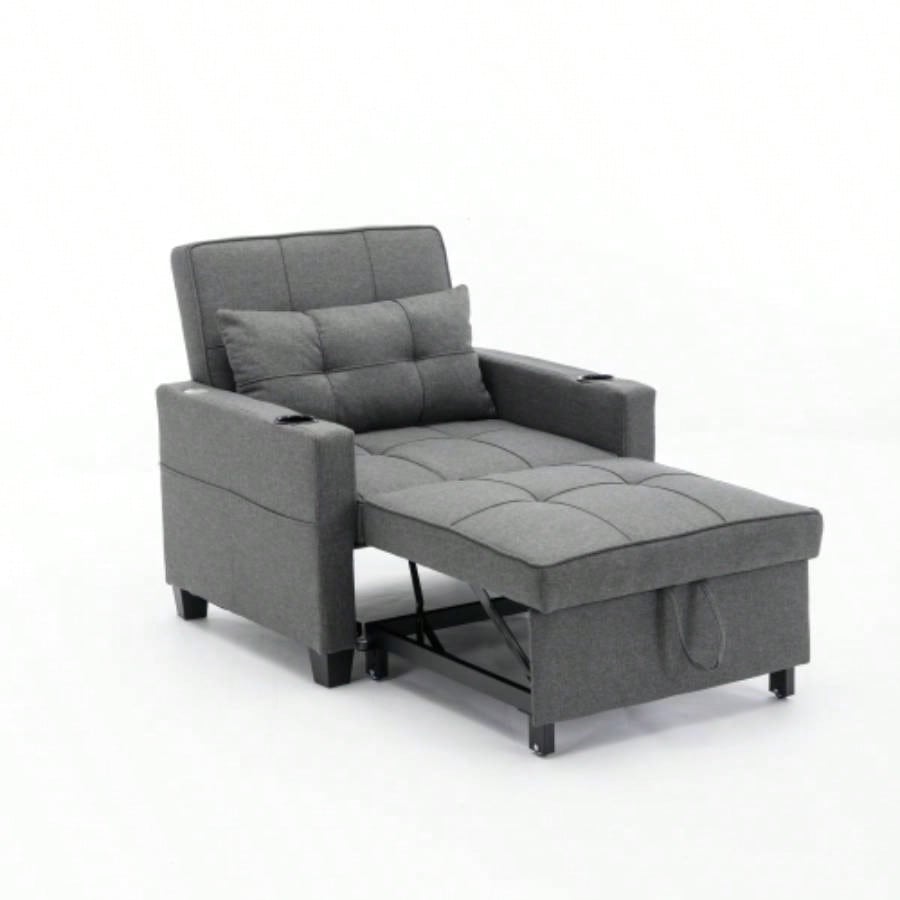 Futon Chair Bed Convertible Chair 3 - in - 1 Pull Out Sleeper Chair Beds with USB Ports, Wear - resistant and Anti - scratch, Armchair Bed Sleeper Living Room Dark Linen