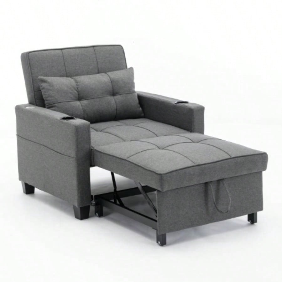 Futon Chair Bed Convertible Chair 3 - in - 1 Pull Out Sleeper Chair Beds with USB Ports, Wear - resistant and Anti - scratch, Armchair Bed Sleeper Living Room Dark Linen