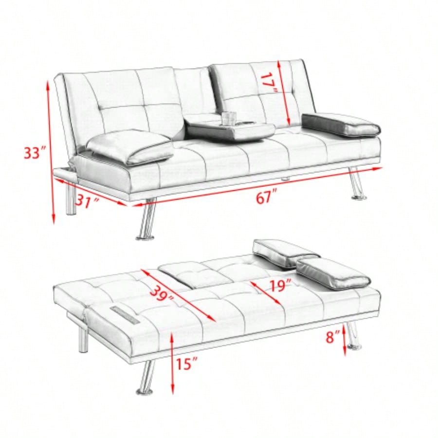 Black Leather Office Double Folding Sofa Bed with Matching Coffee Table, Multifunctional Design