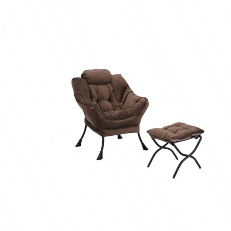 Living Room Chairs Modern Cotton Fabric Lazy Chair, Accent Contemporary Lounge Chair, Single Steel Frame Leisure Sofa Chair with Armrests and A Side Pocket Brown, with ottoman, with footrest
