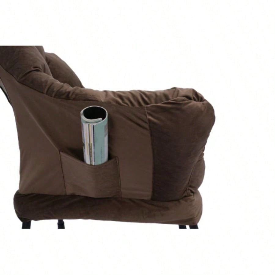 Living Room Chairs Modern Cotton Fabric Lazy Chair, Accent Contemporary Lounge Chair, Single Steel Frame Leisure Sofa Chair with Armrests and A Side Pocket Brown, with ottoman, with footrest