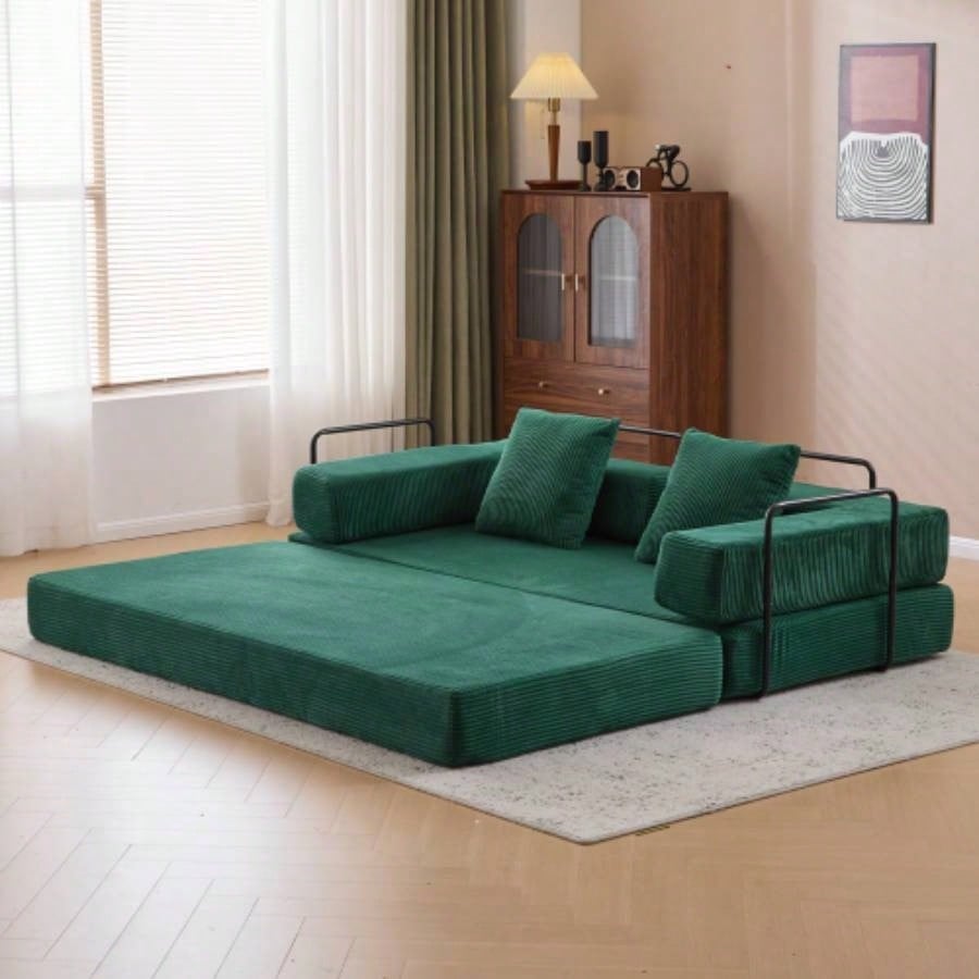 Floor Couch, Compression Sofa, Convertible Floor Sofa Bed - with Pillow Back Support Armrest, Comfy Futon Couch Lounge Sleeper Bed, Chenille fabric, Living Room Bedroom dark green