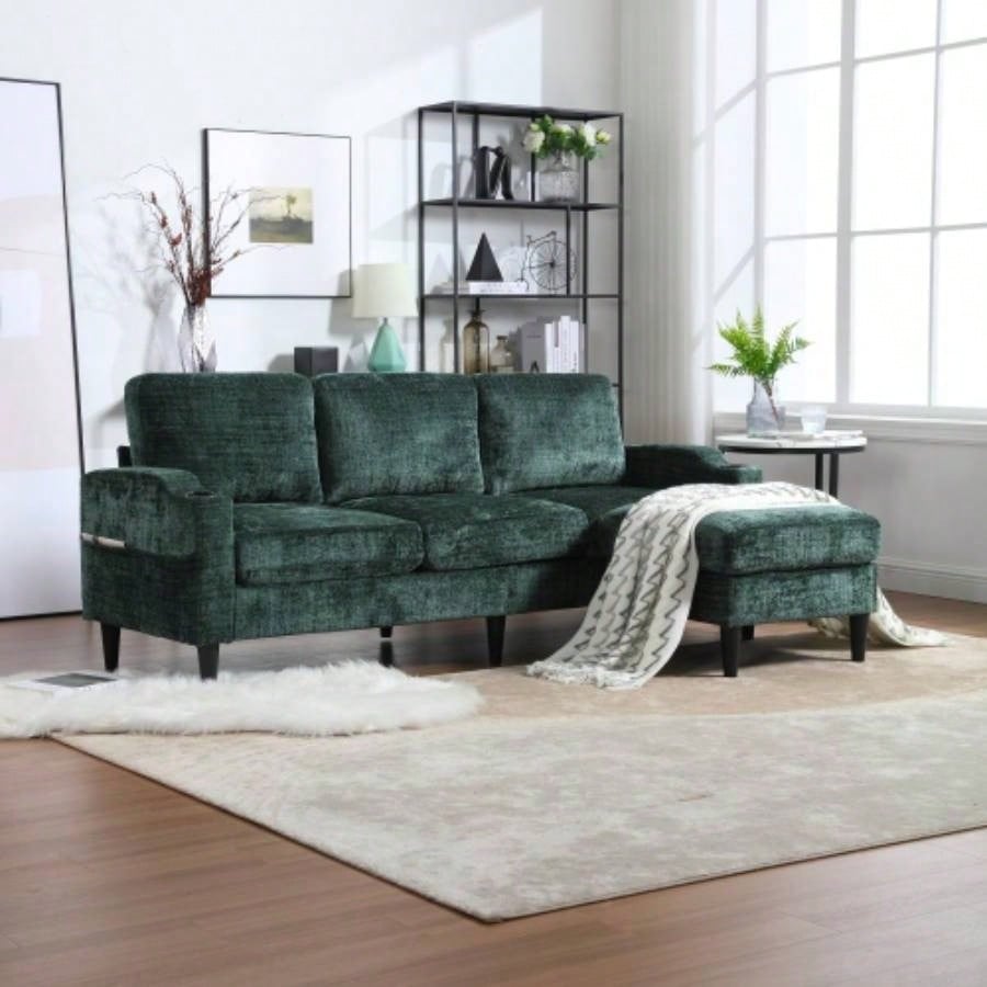 UNITED WE WIN Sofa three, solid wood frame, Chenille fabric, side pocket, with two cup holders, footstool with storagestorage sofa/Living room sofa cozy sectional sofa