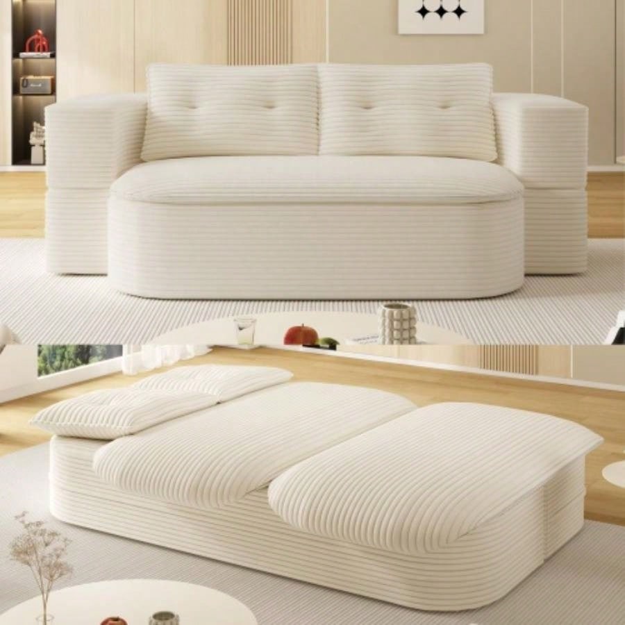 78. Modern 2 - in - 1 Foldable Sofa with Functional Blanket and 2 Soft Pillows, Comfortable Plush Corduroy Fabric Sofa, Convertible Sleeper Sofa Bed, Deep Sofa Couch Living Room, Bedroom