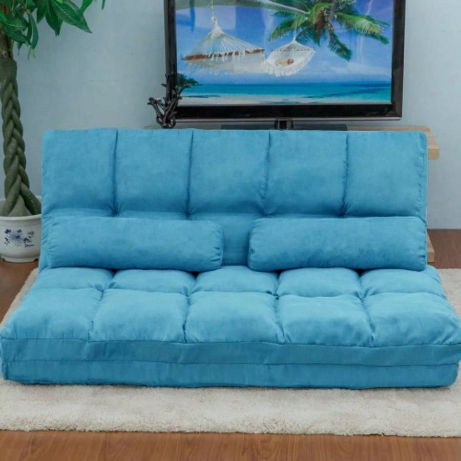 Double Chaise Lounge Sofa Floor Couch and Sofa with Two Pillows Blue