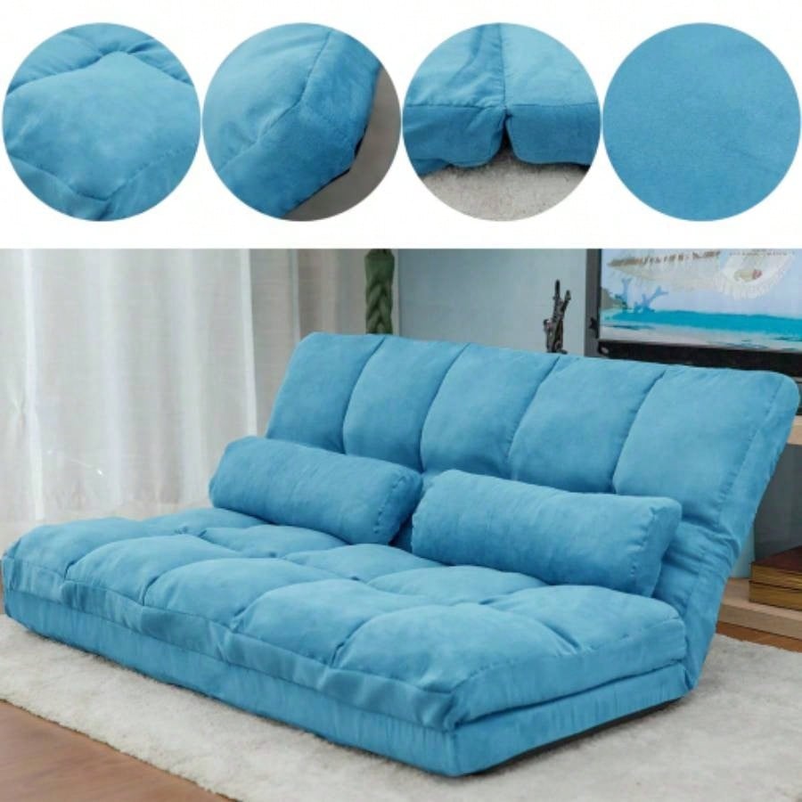 Double Chaise Lounge Sofa Floor Couch and Sofa with Two Pillows Blue