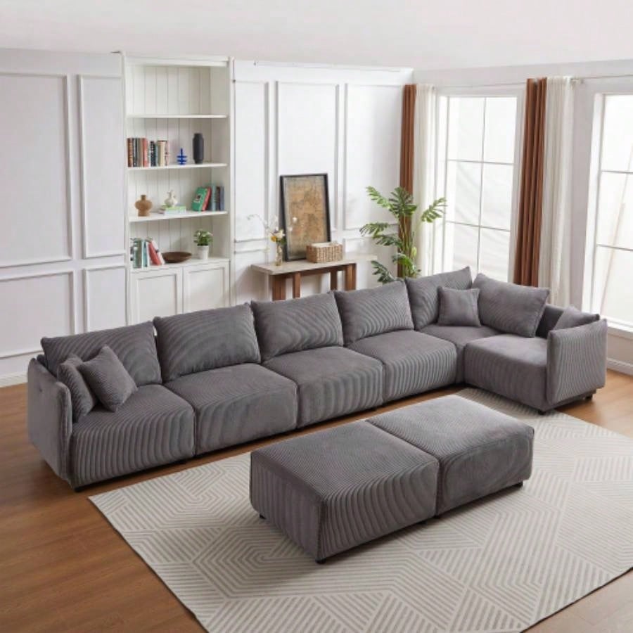106 Multi - Module Combination Style Sofa Living Room, Bedroom and Other Lounge Spaces, Modern Minimalist Corduroy Combination Sofa with 2 Comfort Cushions with USB C Charging Ports Gray
