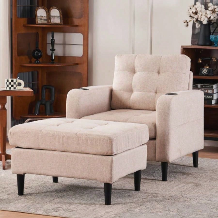 Beige Upholstered Armchair and Storage Ottoman Set - Comfortable Single Sofa with Cup Holders and Tufted Detailing, Living Room or Bedroom