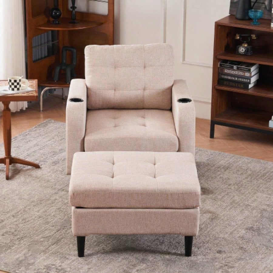 Beige Upholstered Armchair and Storage Ottoman Set - Comfortable Single Sofa with Cup Holders and Tufted Detailing, Living Room or Bedroom