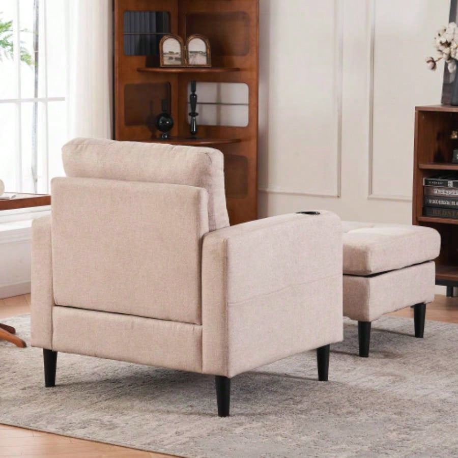 Beige Upholstered Armchair and Storage Ottoman Set - Comfortable Single Sofa with Cup Holders and Tufted Detailing, Living Room or Bedroom