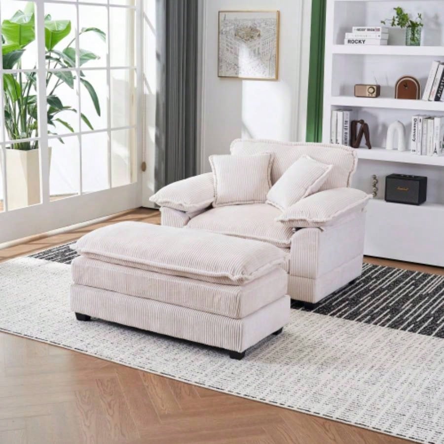 56.3 Inch Corduroy single sofa With 2 toss pillows and a ottoman, Comfy Sofa - Deep Couch Living Room