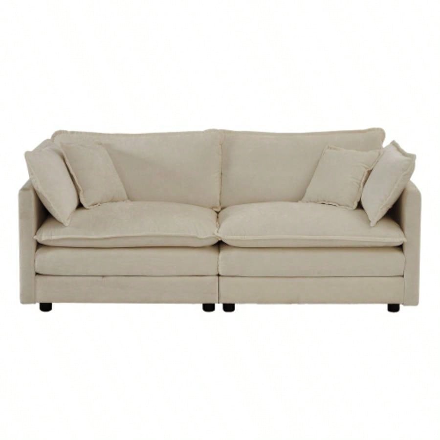4 - Piece Upholstered Sectional Sofa, 1 - Piece of 2 Seater Sofa and 2 - Piece of Ottomans, 2 Seater Loveseat Lounge with Ottomans, Beige Chenille