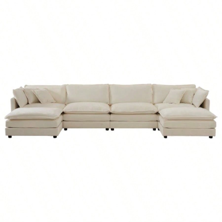 Comfort U Shaped Couch with Reversible Chaise, Modular Large U - Shape Sectional Sofa, Double Ottomans, Beige Chenille