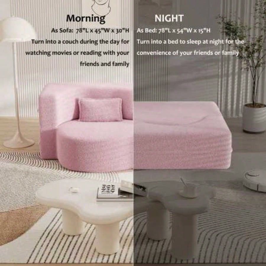 Modern Floor Sofa with 2 Pillows, Convertible Teddy Fabric Foam - Filled Sleeper Sofa Bed, 15 Full Size Folding Mattress Living Room, Guest Bed, Playroom, no assembly required, PinkOld Sku: W1885P230384