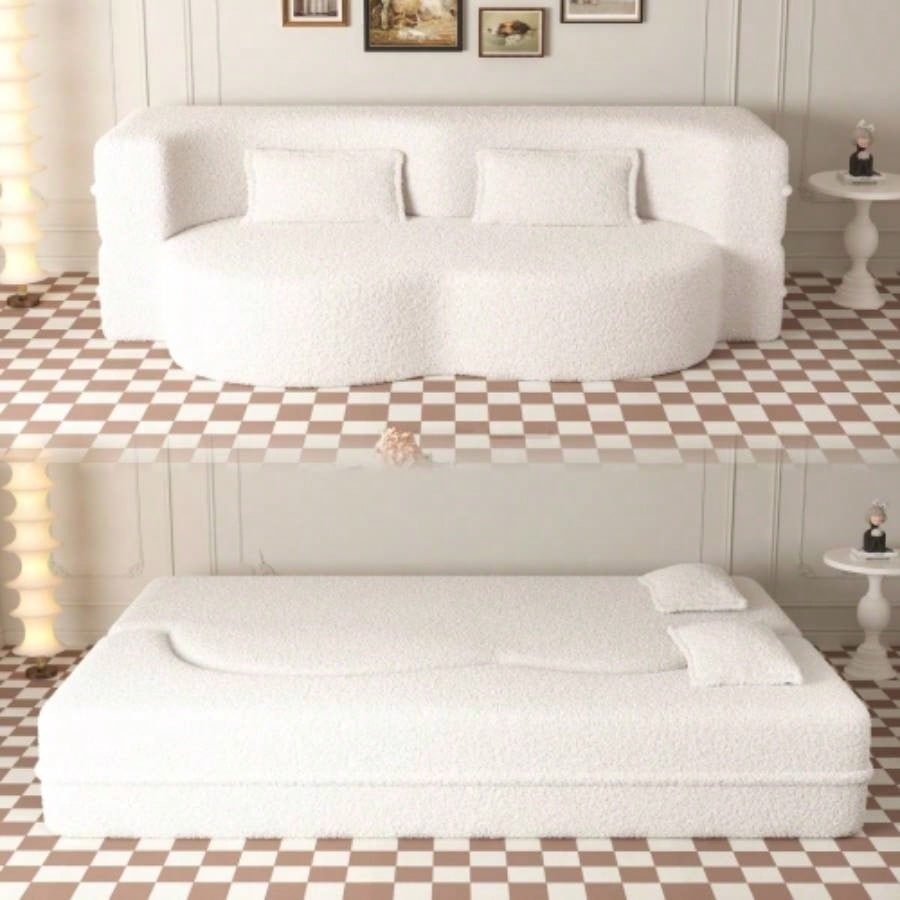 Modern Floor Sofa with 2 Pillows, Convertible Teddy Fabric Foam - Filled Sleeper Sofa Bed, 15 Full Size Folding Mattress Living Room, Guest Bed, Playroom, no assembly required, Old Sku: W1885P230385