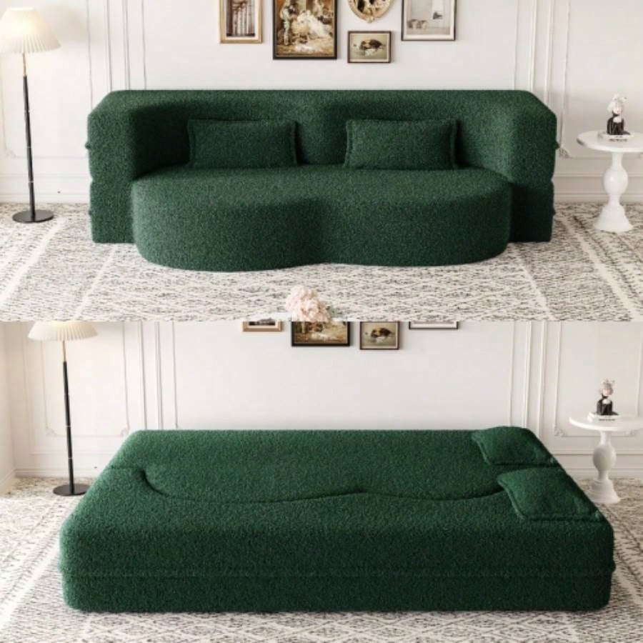 Modern Floor Sofa with 2 Pillows, Convertible Teddy Fabric Foam - Filled Sleeper Sofa Bed, 15 Full Size Folding Mattress Living Room, Guest Bed, Playroom, no assembly required, PinkOld Sku: W1885P230384