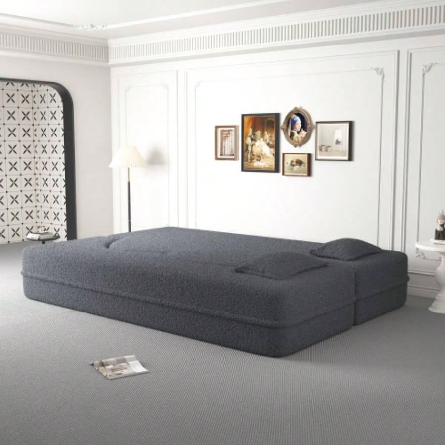 Modern Floor Sofa with 2 Pillows, Convertible Teddy Fabric Foam - Filled Sleeper Sofa Bed, 15 Full Size Folding Mattress Living Room, Guest Bed, Playroom, no assembly required, Old Sku: W1885P230385