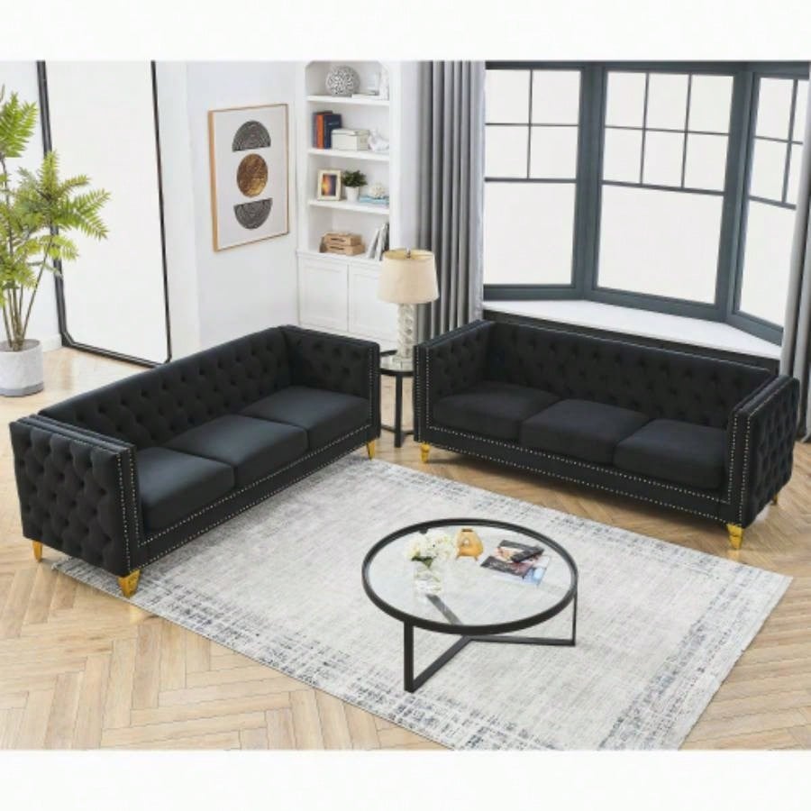 Contact us 3D modeling Velvet Sofa Living Room, Buttons Tufted Square Arm Couch, Modern Couch Upholstered Button and Metal, Sofa Couch Bedroom, Black Velvet, 2PCS