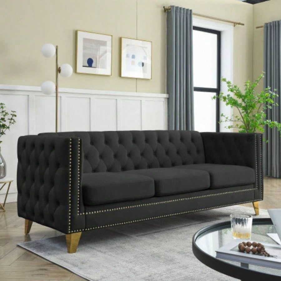 Contact us 3D modeling Velvet Sofa Living Room, Buttons Tufted Square Arm Couch, Modern Couch Upholstered Button and Metal, Sofa Couch Bedroom, Black Velvet, 2PCS