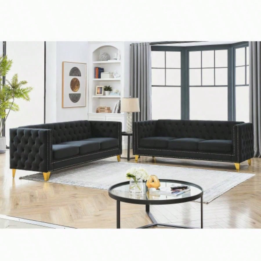 Contact us 3D modeling Velvet Sofa Living Room, Buttons Tufted Square Arm Couch, Modern Couch Upholstered Button and Metal, Sofa Couch Bedroom, Black Velvet, 2PCS
