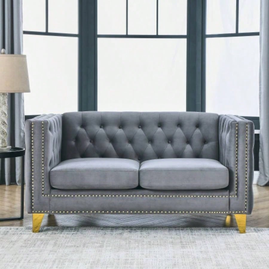 Contact us 3D modeling Velvet Sofa Living Room, Buttons Tufted Square Arm Couch, Modern Couch Upholstered Button and Metal, Sofa Couch Bedroom, Black Velvet, 2PCS