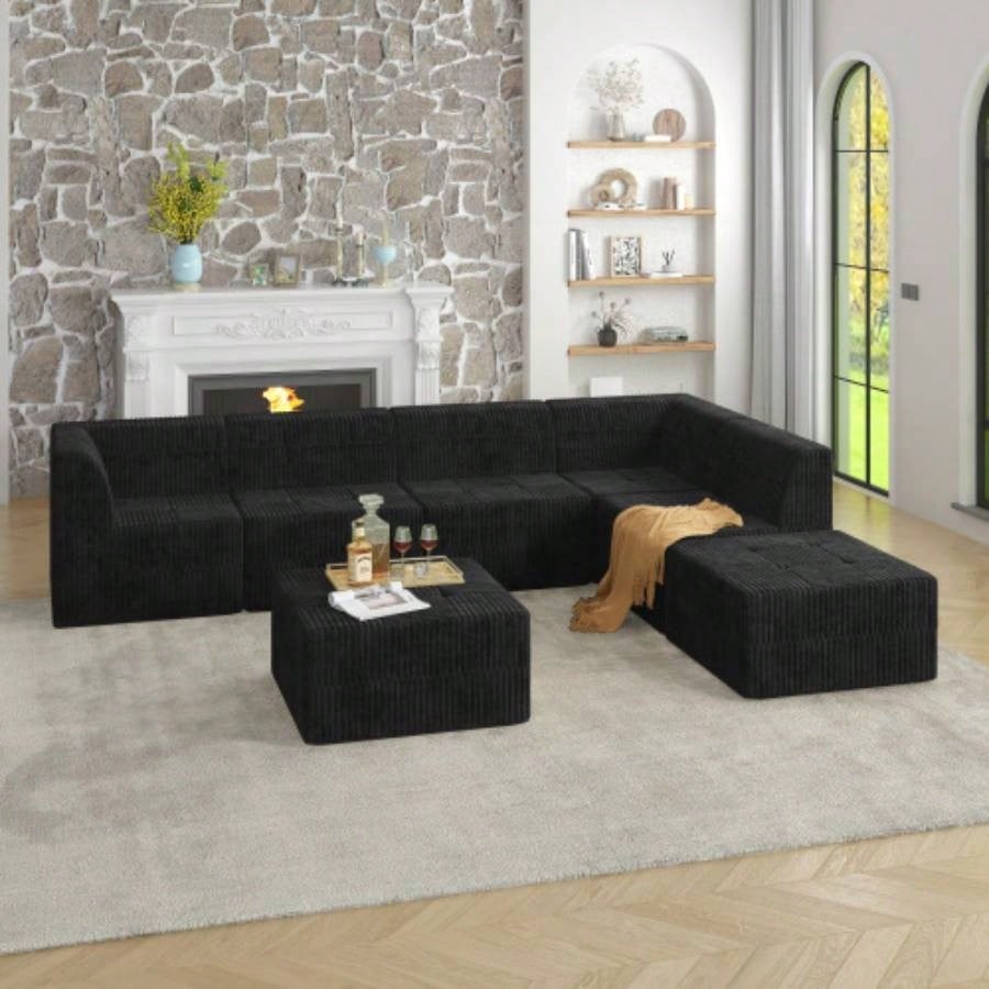 L shape Modular Sectional Sofa, Compressed Sectional Sofa Modern Minimalist Style Corduroy Couch, Sleeper Sofa Living Room, Bedroom, Comfy Compressed Sofa Couch Space - Efficient Design - black