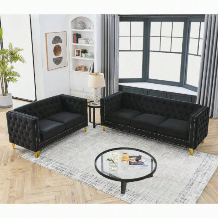 Contact us 3D modeling Velvet Sofa Living Room, Buttons Tufted Square Arm Couch, Modern Couch Upholstered Button and Metal, Sofa Couch Bedroom, Black Velvet, 2PCS