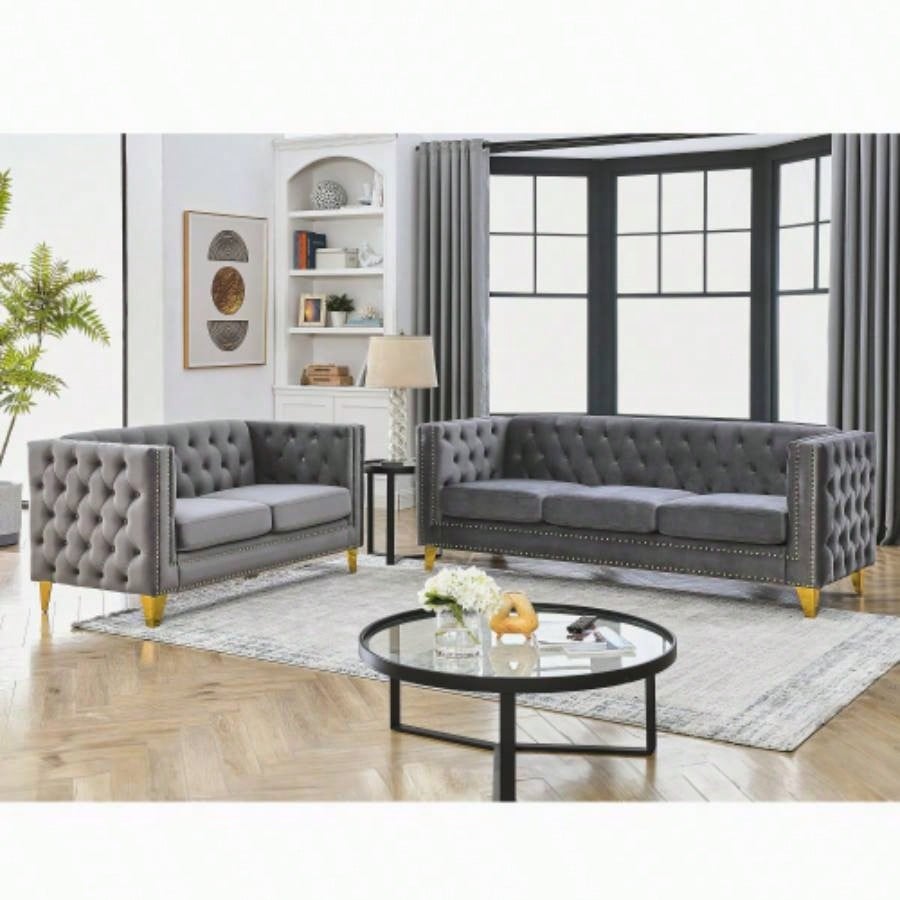 Contact us 3D modeling Velvet Sofa Living Room, Buttons Tufted Square Arm Couch, Modern Couch Upholstered Button and Metal, Sofa Couch Bedroom, Black Velvet, 2PCS