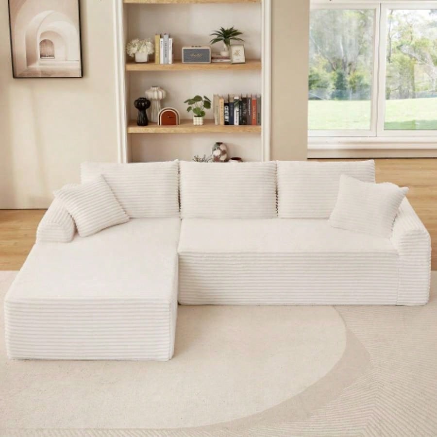 Full - Compression Chaise Lounge Set - Modular Corduroy Sectional with Arched Armrests, Non - Slip Base, Includes 3 Back Cushions 2 Throw Pillows, Right chaise longue sofa