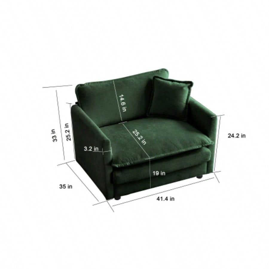 Comfy Deep Single Sofa Upholstered Reading Armchair Living Room Chair Green Chenille Fabric, 1 Toss Pillow