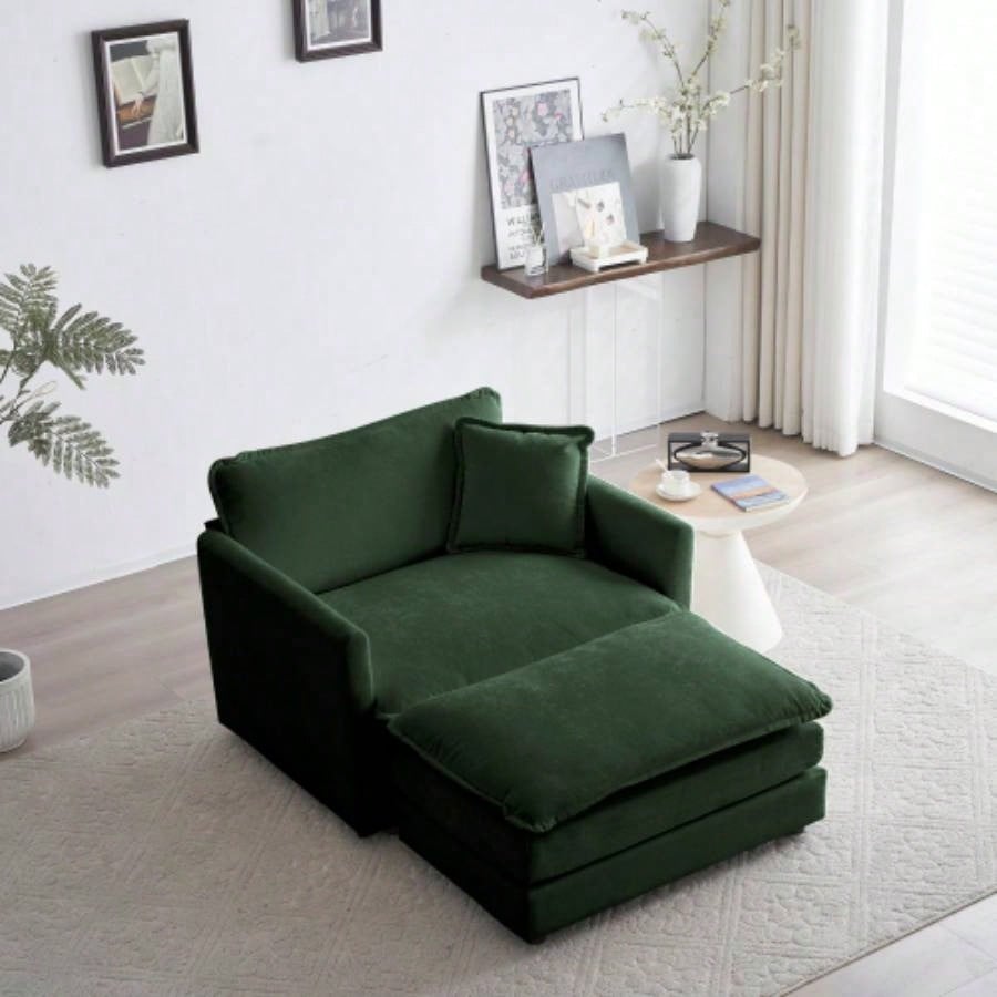 Modern Accent Chair with Ottoman, Living Room Club Chair Chenille Upholstered Armchair, Reading Chair Bedroom, Green Chenille