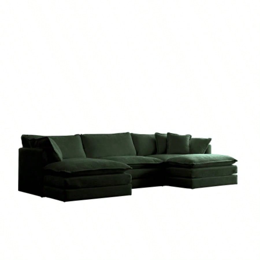 U - Shaped Sectional Sofa/Reversible Footrest, 5 - Seater Convertible Corner Couch with 2 Ottomans, Modern Minimalist Soft Sofa Couch Living Room, Green Chenille