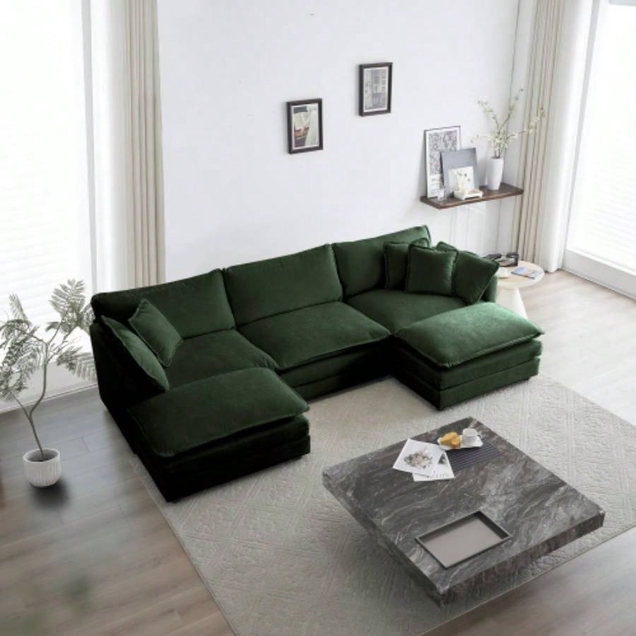 U - Shaped Sectional Sofa/Reversible Footrest, 5 - Seater Convertible Corner Couch with 2 Ottomans, Modern Minimalist Soft Sofa Couch Living Room, Green Chenille